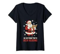 Femme Il voit ce Que Vous Avez lu Funny Bookish Christmas T-Shirt avec Col en V