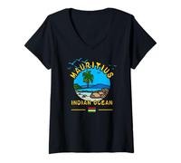Femme Ile Maurice Océan Indien Palmier Plage Drapeau Île Souvenir T-Shirt avec Col en V