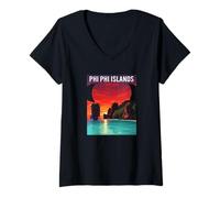 Femme Îles Phi Phi Thaïlande Coucher de Soleil T-Shirt avec Col en V