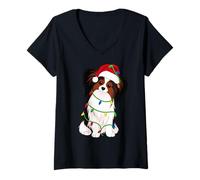 Femme Illuminations de Sapin de Noël pour Chien Papillon, Amoureux des Chiens T-Shirt avec Col en V