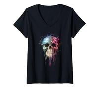 Femme Illustration Abstraite de crâne dégoulinant | Explosion de Couleur rétro T-Shirt avec Col en V
