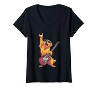 Femme Illustration Amusante du Guitariste Golden Retriever de Rock Dog T-Shirt avec Col en V