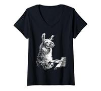 Femme Illustration Amusante Lama Art Animal Jouant du Piano pianiste Graphique T-Shirt avec Col en V