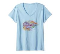 Femme Illustration Aquatique colorée de Poisson Betta T-Shirt avec Col en V