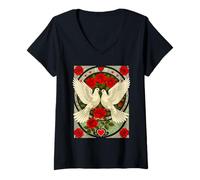 Femme Illustration Art Nouveau Colombes Blanches et Roses Rouges T-Shirt avec Col en V