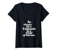Femme Illustration avec Citation « Always Be A Unicorn » T-Shirt avec Col en V