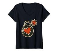 Femme Illustration Bombe cœur Amour Tension Graphique T-Shirt avec Col en V