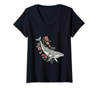 Femme Illustration botanique de Baleine avec Fleurs de l'océan T-Shirt avec Col en V