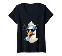 Femme Illustration Canard avec Lunettes Style Splash Art T-Shirt avec Col en V