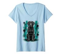Femme Illustration Chien Labrador Retriever Bleu Sarcelle Grunge Vieilli T-Shirt avec Col en V