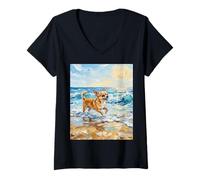 Femme Illustration Chihuahua Sunny Beach T-Shirt avec Col en V