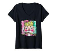 Femme Illustration colorée de Flocons de Neige Roi Casse-Noisette T-Shirt avec Col en V
