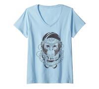 Femme Illustration Cosmique rétro dessinée à la Main Singe de l'espace Astronaute T-Shirt avec Col en V