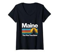 Femme Illustration Coucher de Soleil du Maine Le pin State T-Shirt avec Col en V