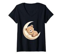Femme Illustration d’Ours endormi sur la Lune T-Shirt avec Col en V