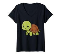 Femme Illustration d'animaux Marins de Dessin animé Tortue Kawaii T-Shirt avec Col en V