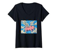 Femme Illustration d'animaux surréalistes When Pigs Fly T-Shirt avec Col en V