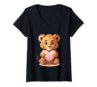 Femme Illustration de bébé Lion avec cœur T-Shirt avec Col en V
