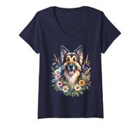 Femme Illustration de berger des Carpates roumains avec fleurs sauvages d'été T-Shirt avec Col en V