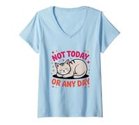 Femme Illustration de Chat endormi Mignon Qui Dit Pas Aujourd'hui T-Shirt avec Col en V