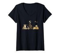 Femme Illustration de Chat Gothique Vintage - Noir céleste et T-Shirt avec Col en V