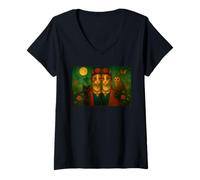 Femme Illustration de Chat inspirée par l'art du réalisme Magique - Amusant et Mignon T-Shirt avec Col en V