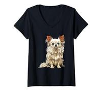 Femme Illustration de Chien Chihuahua à Poils Longs Blanc T-Shirt avec Col en V
