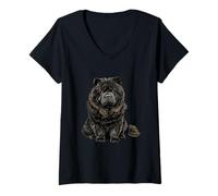 Femme Illustration de Chien Chow Chow Noir T-Shirt avec Col en V