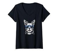 Femme Illustration de chien portant des lunettes de soleil, berger allemand drôle T-Shirt avec Col en V