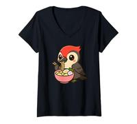 Femme Illustration de Dessin animé Ramen Mangeant Un Oiseau Mignon T-Shirt avec Col en V