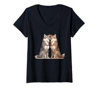 Femme Illustration de Deux Loups en Harmonie T-Shirt avec Col en V