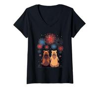 Femme Illustration de Deux Ours regardant Un feu d’Artifice T-Shirt avec Col en V