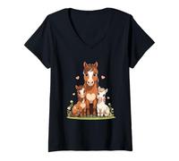 Femme Illustration de Famille Chevaux avec Juments et Poulains T-Shirt avec Col en V