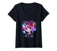 Femme Illustration de Fille animée colorée | Style Chibi T-Shirt avec Col en V