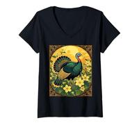 Femme Illustration de gibier à Plumes de Dinde Sauvage et de Fleurs de Jasmin T-Shirt avec Col en V