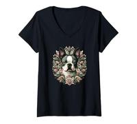 Femme Illustration de la nature botanique de Boston Terrier T-Shirt avec Col en V
