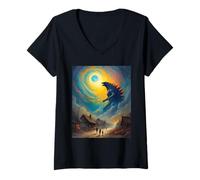 Femme Illustration de la nuit étoilée de Van Gogh, monstre de science-fiction Kaiju T-Shirt avec Col en V