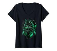 Femme Illustration de la tribu indienne amérindienne Attrape-rêves loup T-Shirt avec Col en V
