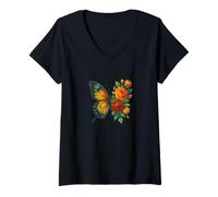 Femme Illustration de papillon floral Fleurs et papillons T-Shirt avec Col en V