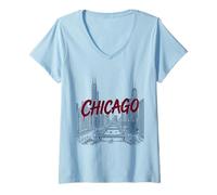 Femme Illustration de Paysage Urbain de Chicago avec Texte Peint en Gras T-Shirt avec Col en V