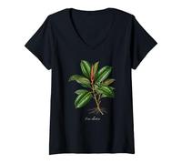 Femme Illustration de Plante en Caoutchouc Ficus elastica T-Shirt avec Col en V