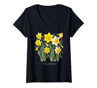 Femme Illustration de Plante Jonquille Narcisse pseudonarcissus T-Shirt avec Col en V