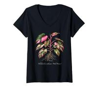 Femme Illustration de Plante Philodendron Pink Princess T-Shirt avec Col en V