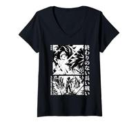 Femme Illustration de Style Manga Longue Bataille Infinie T-Shirt avec Col en V
