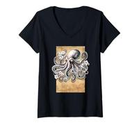 Femme Illustration de tatouage de pieuvre de style japonais féroce Edo T-Shirt avec Col en V