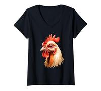 Femme Illustration de tête Coq stylisée T-Shirt avec Col en V