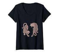 Femme Illustration de Tigres Vintage Jumeaux | Motif Tigre féroce rétro T-Shirt avec Col en V