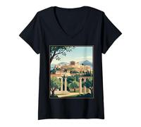 Femme Illustration de Voyage Vintage d'Athènes Grèce Acropole Ancienne Ruines T-Shirt avec Col en V