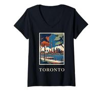 Femme Illustration de Voyage Vintage Toronto Canada Skyline CN Tower T-Shirt avec Col en V