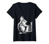 Femme Illustration d'écureuil Amusant Jouant du Piano T-Shirt avec Col en V